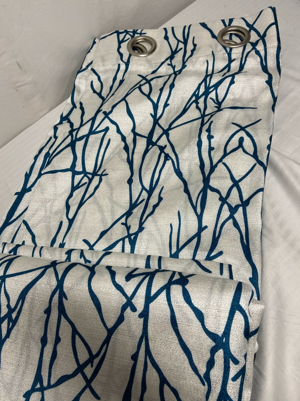 2 Curtains White And Teal Branches Linen Blend Grommet Panels 54″ by 96″ Each