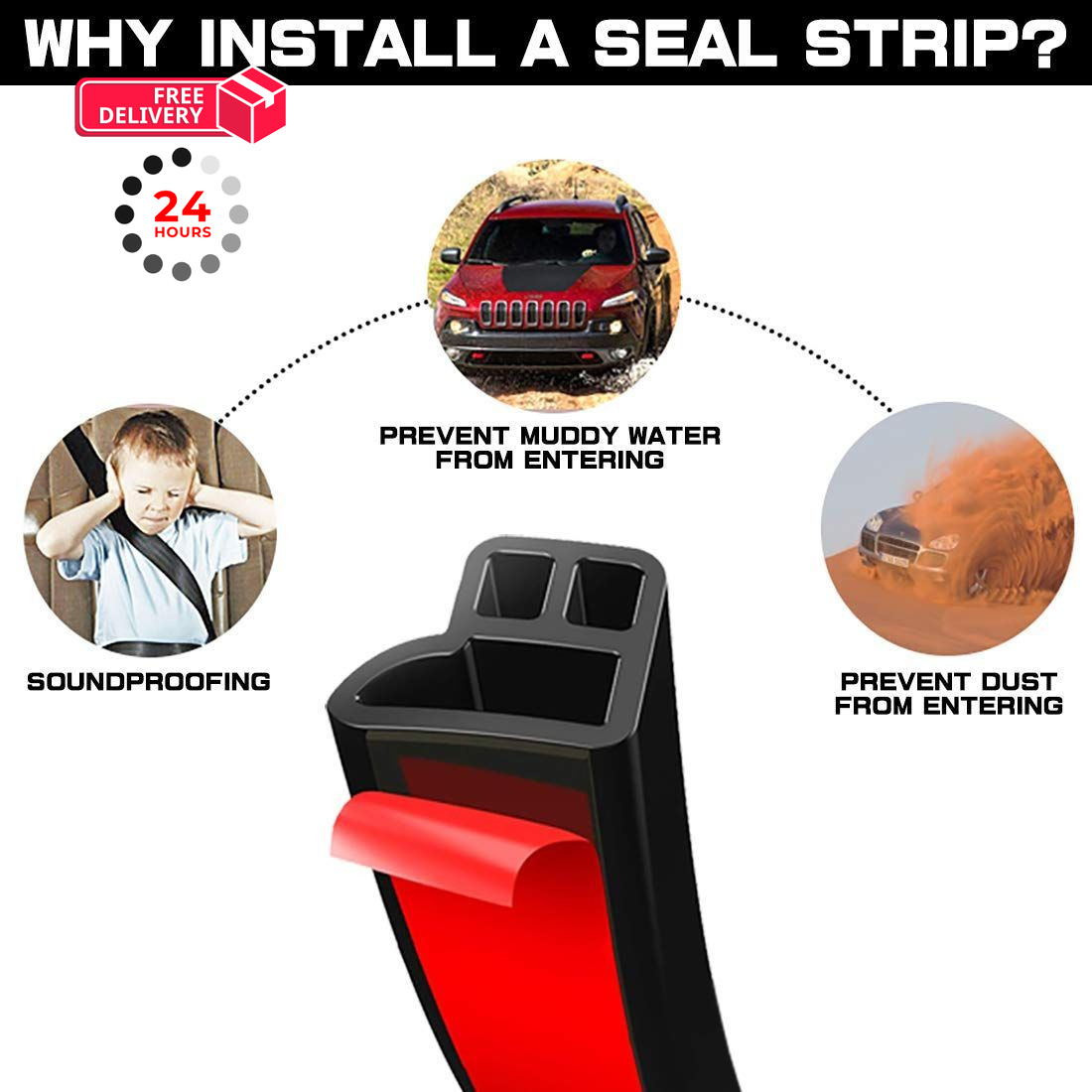 Universal Car Weather Stripping, Self-Adhesive Auto Door 33 Feet Long, Black