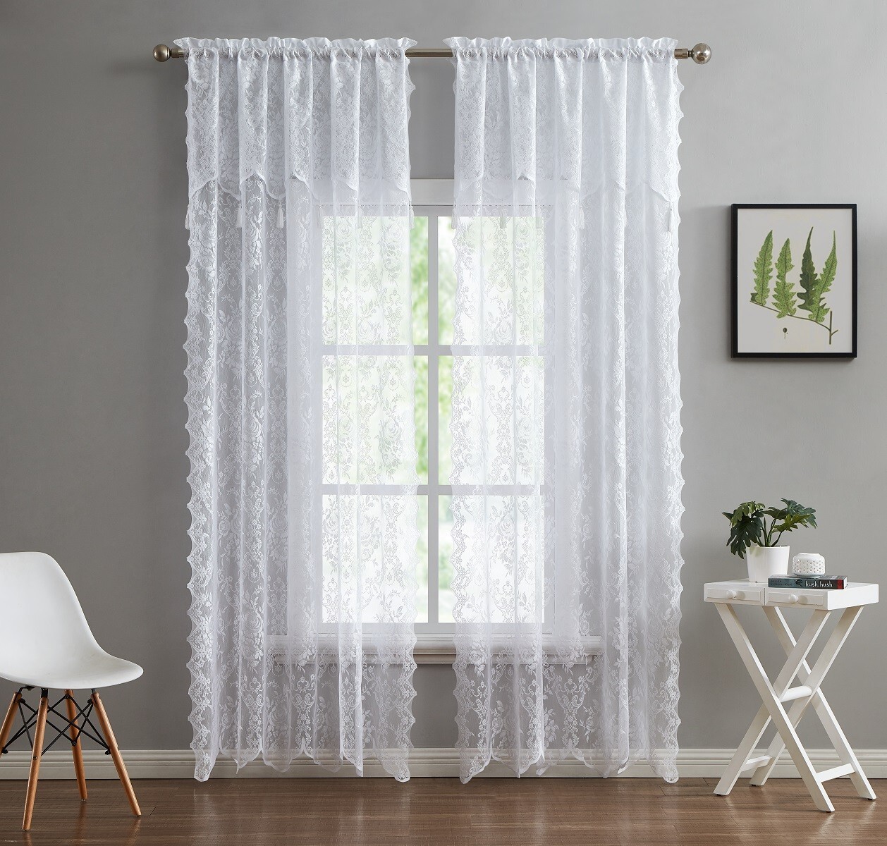 WARM HOME DESIGNS Pair of 2 Sheer Lace Curtains with Attached Valances & Tassels