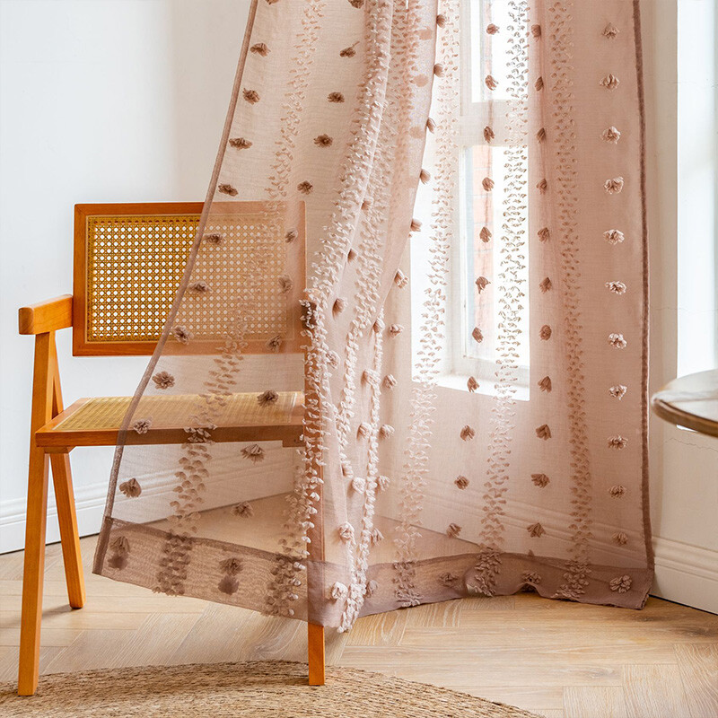 Bohemian Tufted Floral Curtains Moroccan Living Room Bedroom Sheer Tulle Curtain