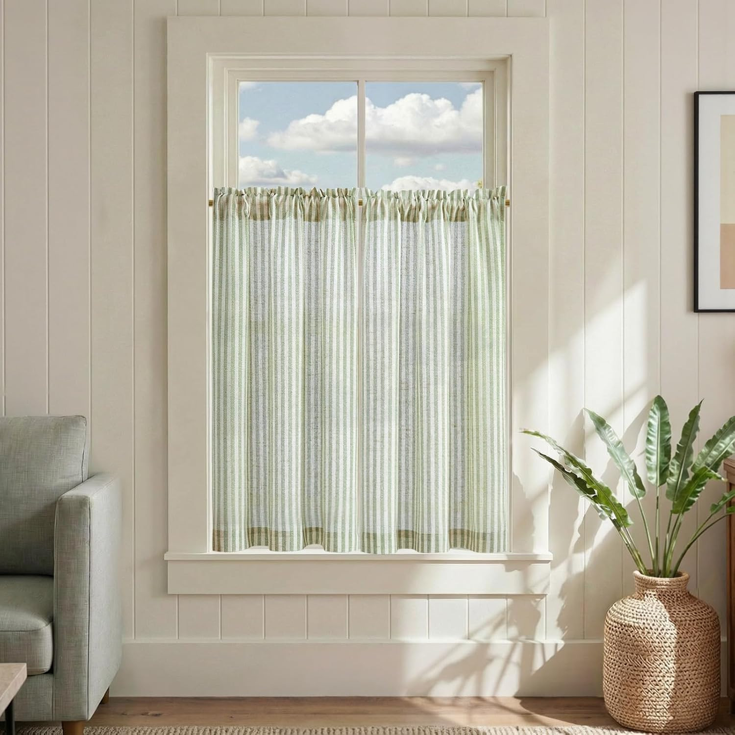 Jinchan Striped Linen Kitchen Curtains 36 Inches Length Tier Curtains Farmhouse