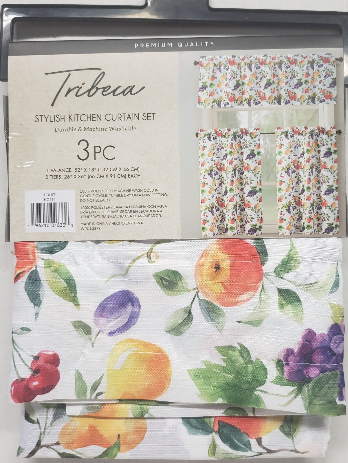 3pc Printed Kitchen Curtains Set:2 Tiers(26″x36″)&Valance(52″x18″)FRUITS,Tribeca