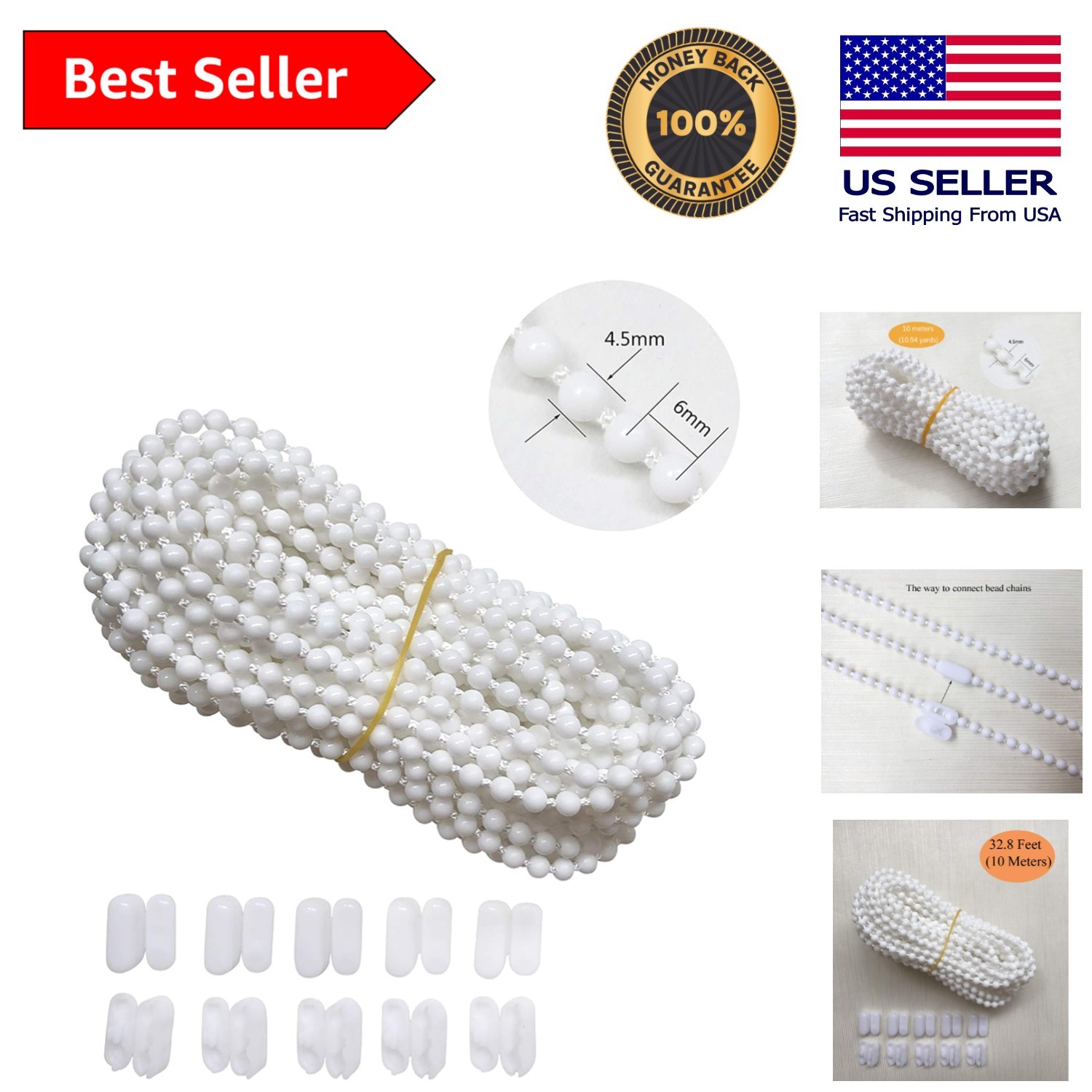 10 Meters Cord Chain for Roller, Venetian & Honeycomb Blinds – White Connectors