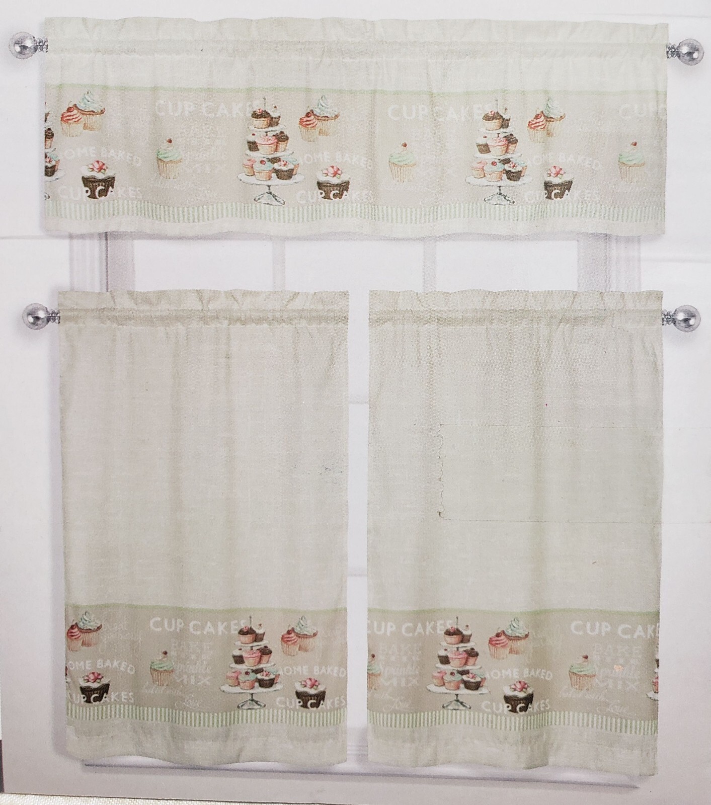 3 pc Printed Kitchen Curtains Set: 2 Tiers (28″x36″)& Valance (56″x15″) CUPCAKES