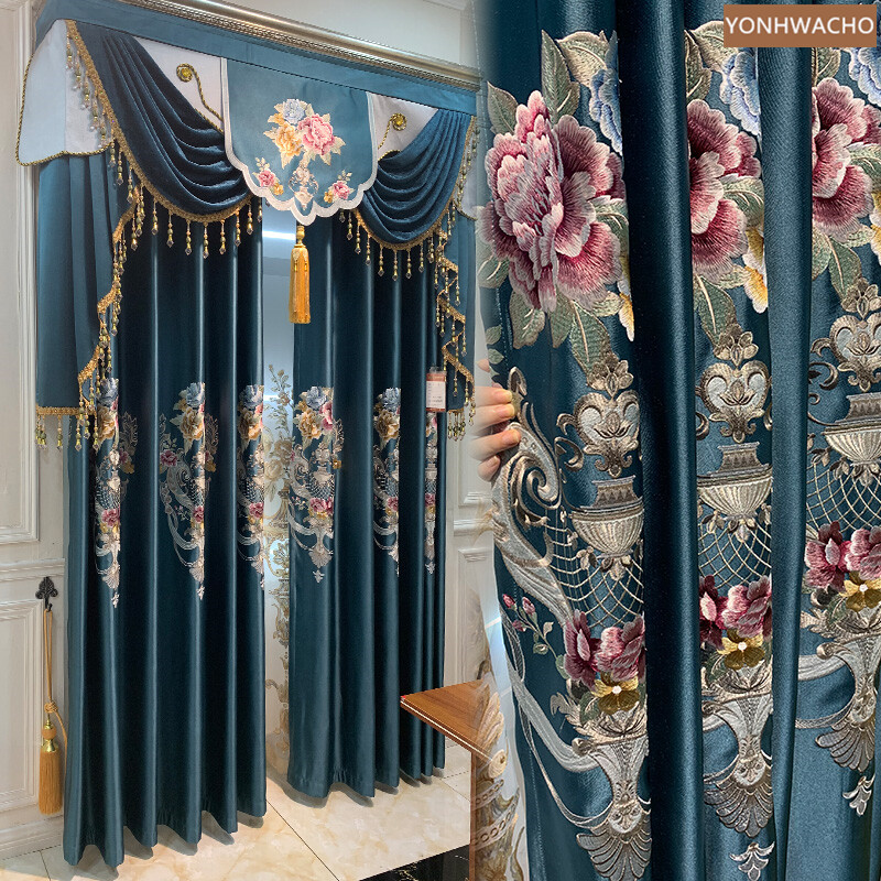 luxury living room embroidery blue cloth blackout curtain valance drape C816