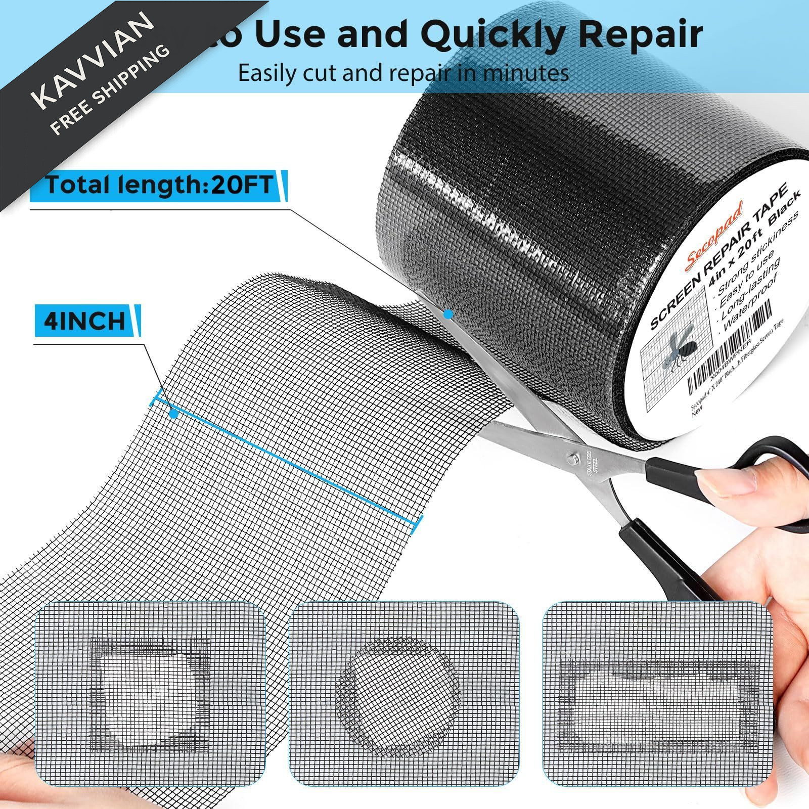 Secopad Black Window Screen Repair Tape, 4 in X 20 FT 4IN x 20FT,