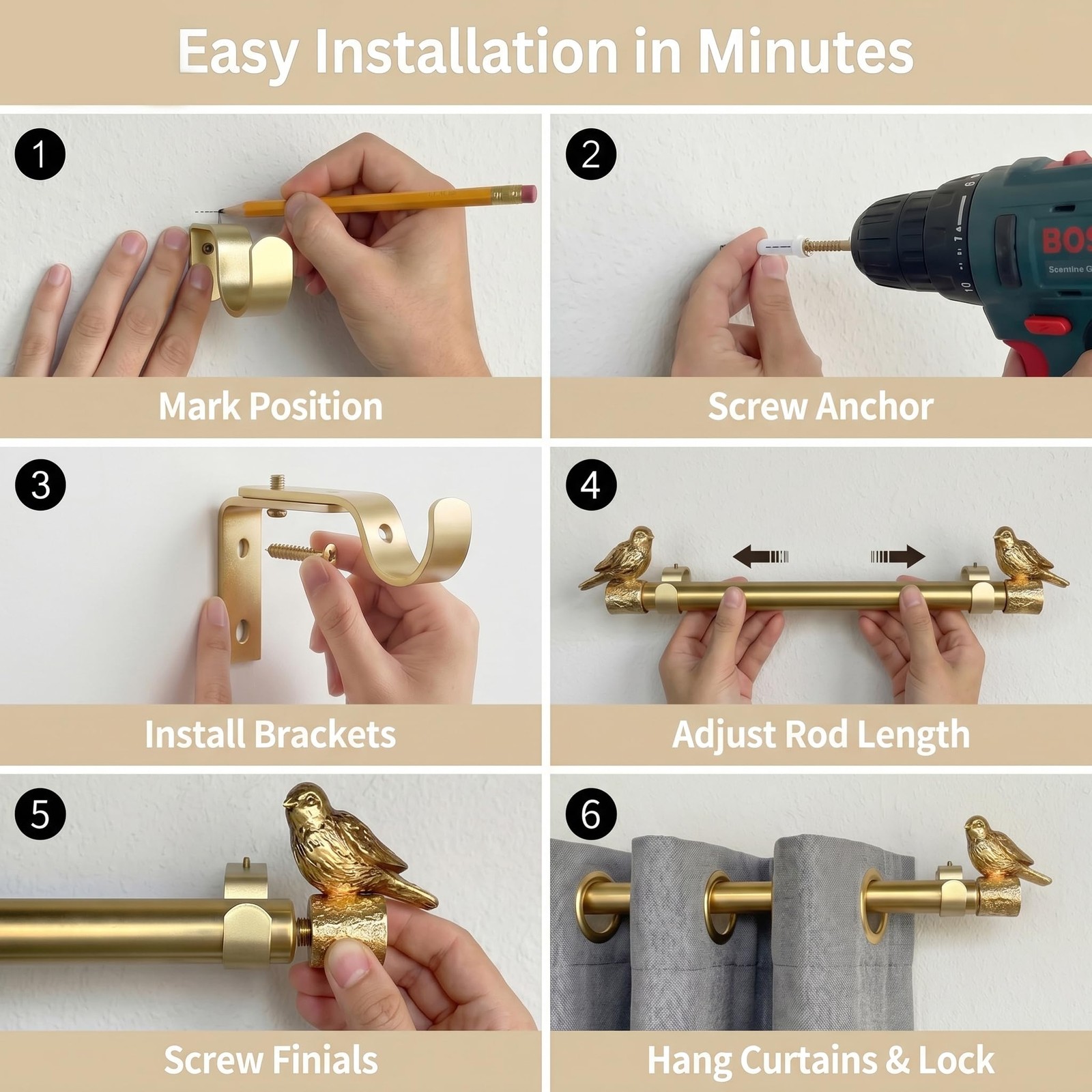 Double Curtain Rod with Bird Finial, For Window 24-68 In, Gold Drapery Rod