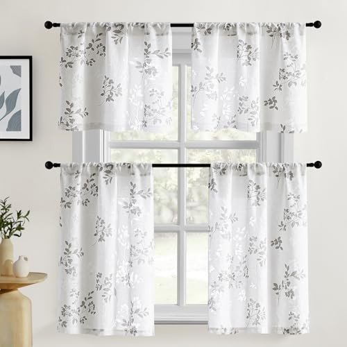 Kitchen Curtains 36 Inch Length 2 30″W x 36″L (Pack of 2) Grey and White