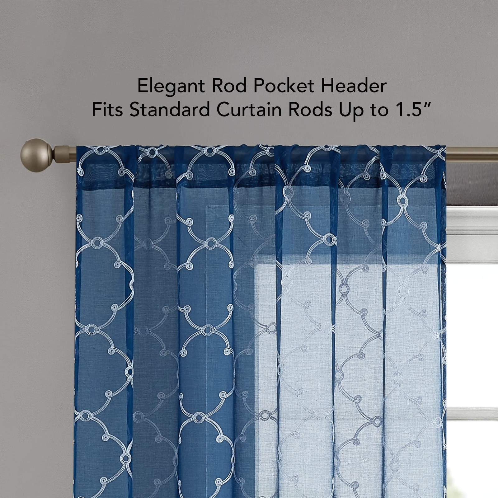 Creative Home Ideas Sheer Curtains 2 Panels 38 X 63 Blue Embroidered Geometric