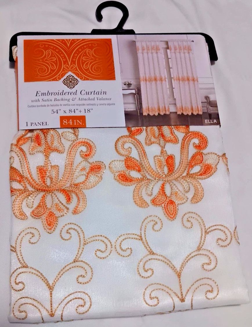 Embroidered Curtain with satin backing & attached valance one panel each orange