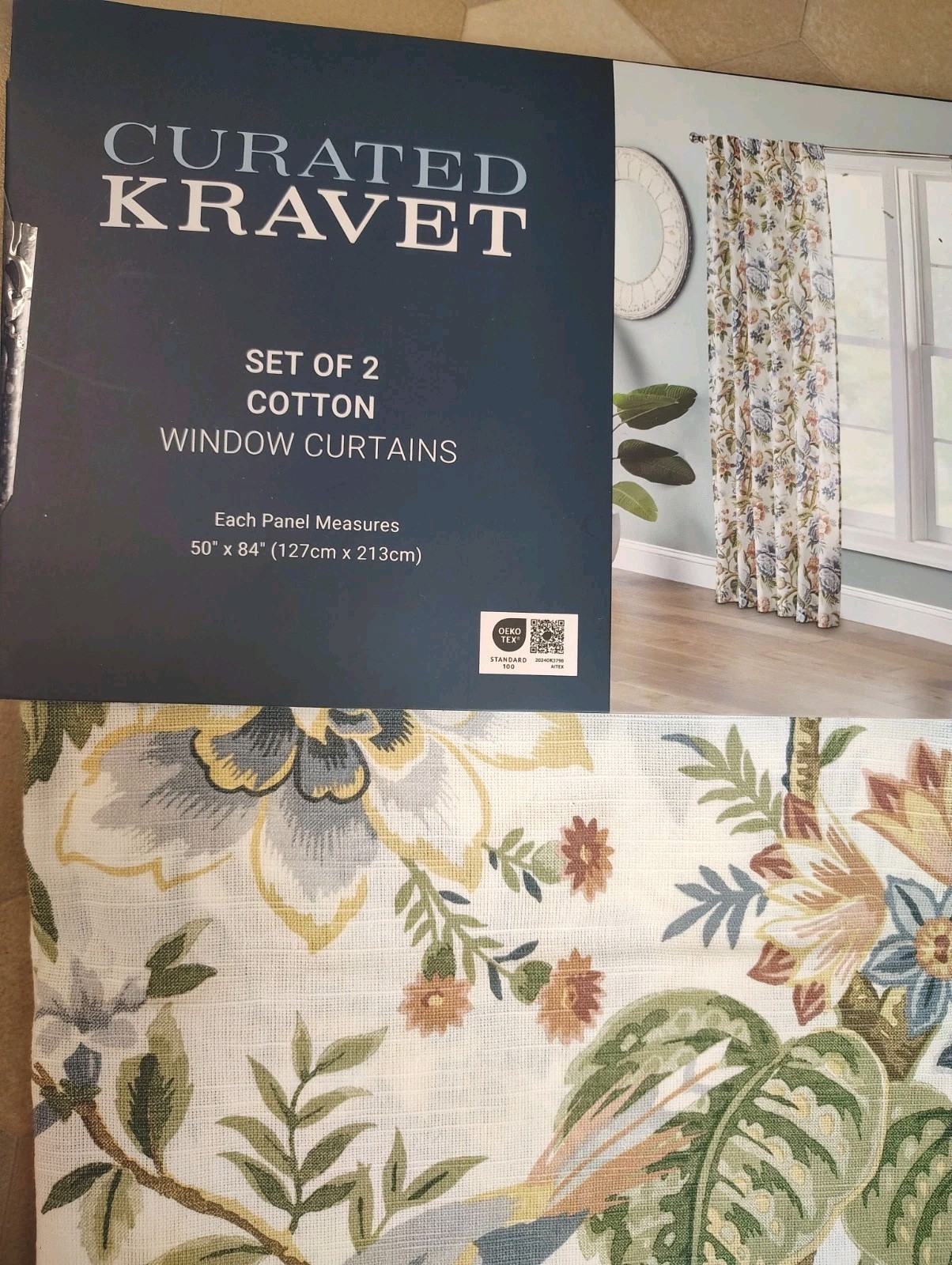 NWT Curated Kravet 2 pc Window Curtains Tree of Life Floral Birds Cotton 84″ lg