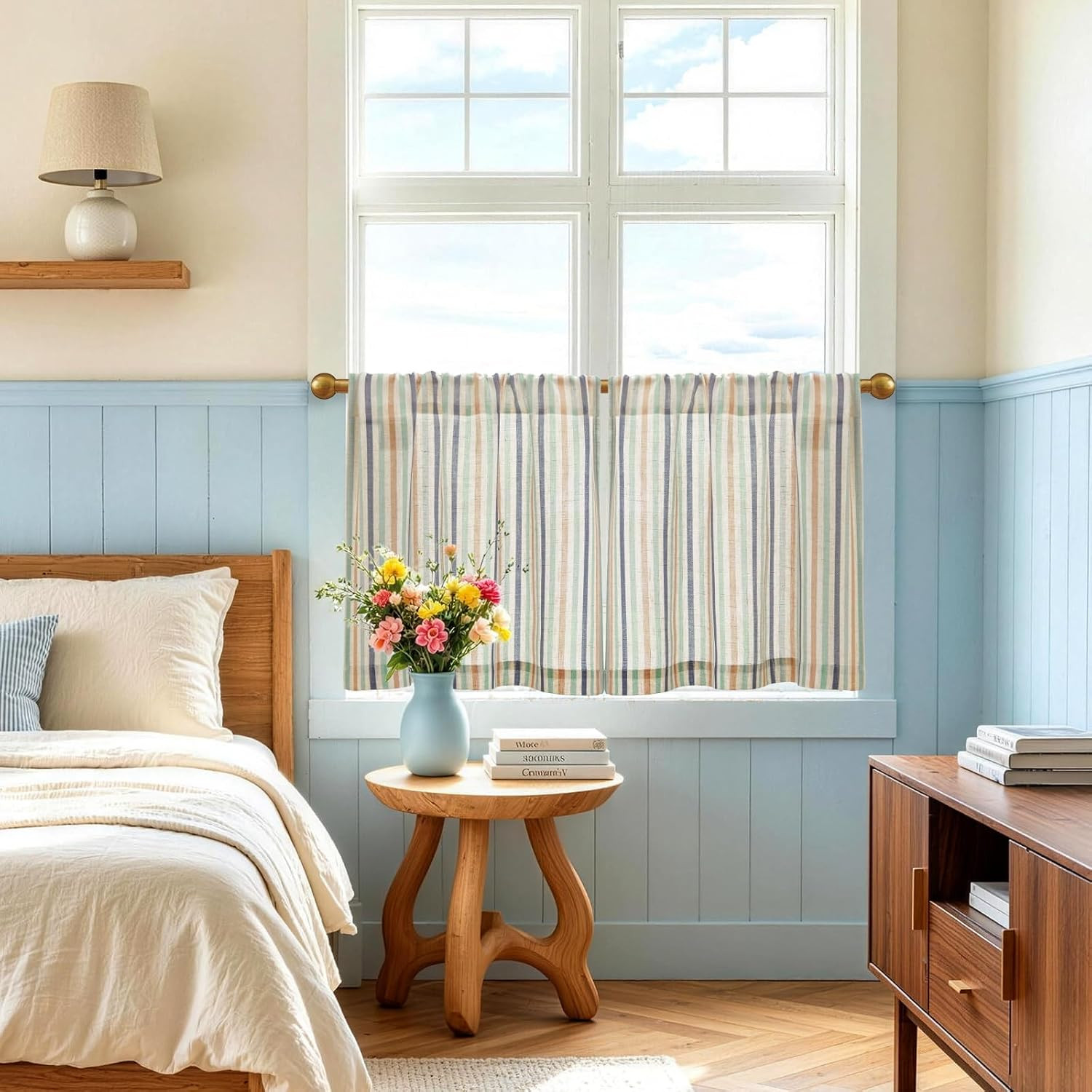 Striped Linen Kitchen Tier Curtains, 20 Inch, Coastal, 2 Panels | Light-Filterin