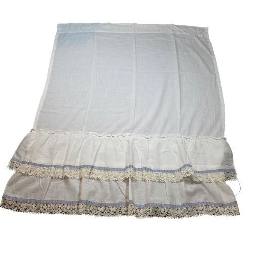 Vintage White Ruffled Cafe Curtains Lace Trim Blue Ribbon Made in USA 36×28 4pc