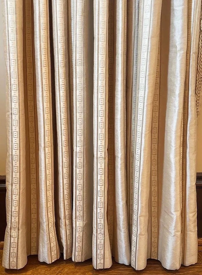 High End Designer Custom Pinch Pleated Beige Silk Curtains w/ Fringe Trim ZZ776