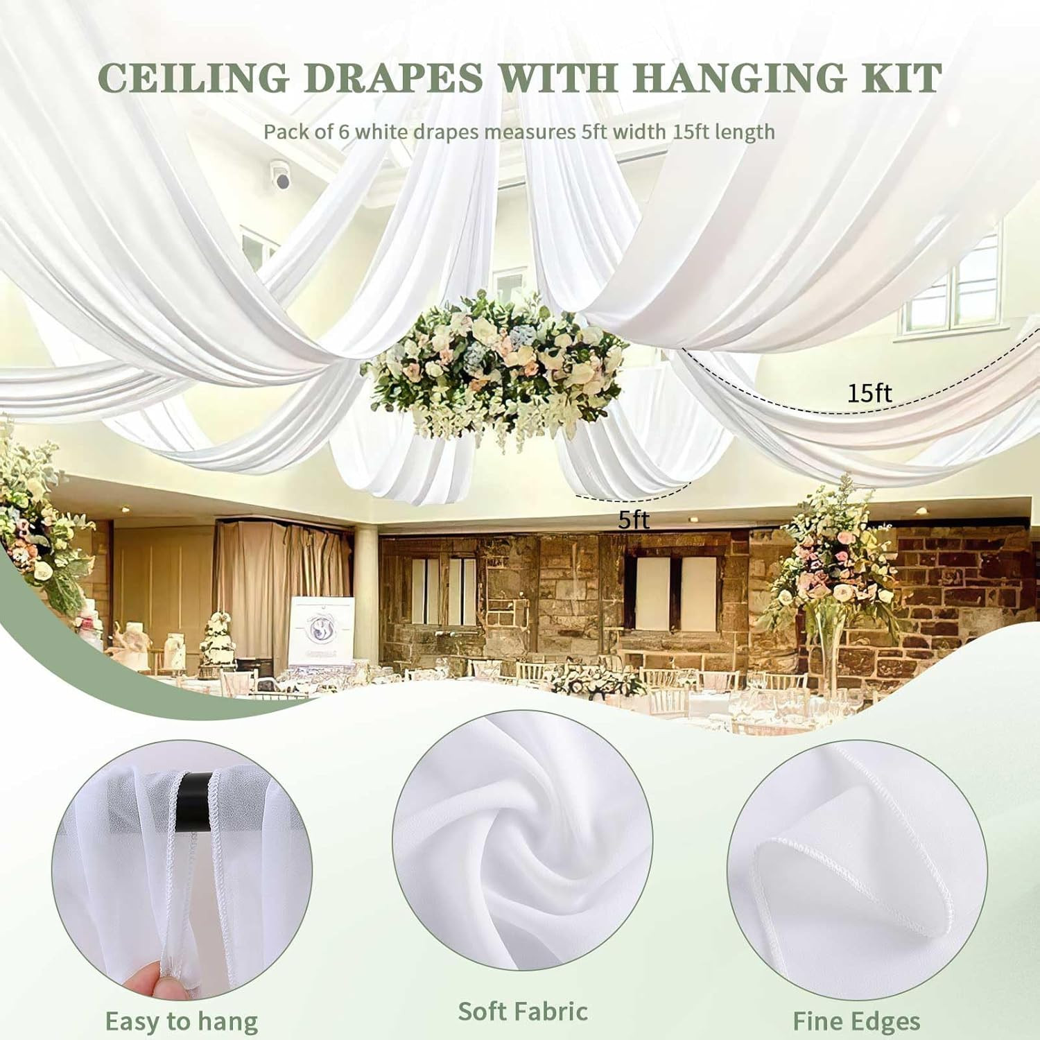 Elegant White Chiffon Ceiling Drapes Kit – 6 Panels for Weddings & Events