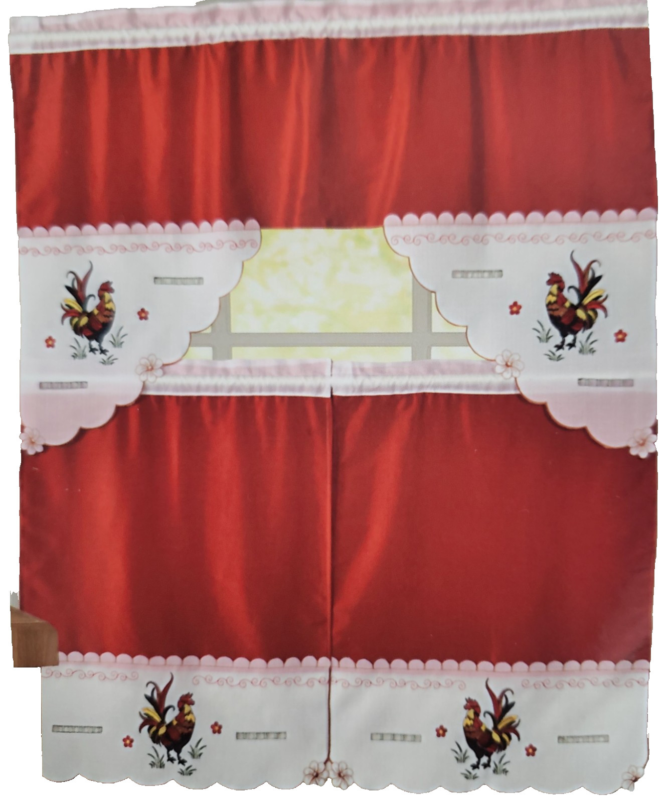 3pc. Embroidery Curtains Set: 2 Tiers & Swag, MULTICOLOR ROOSTER,RED ROOSTER,ACP