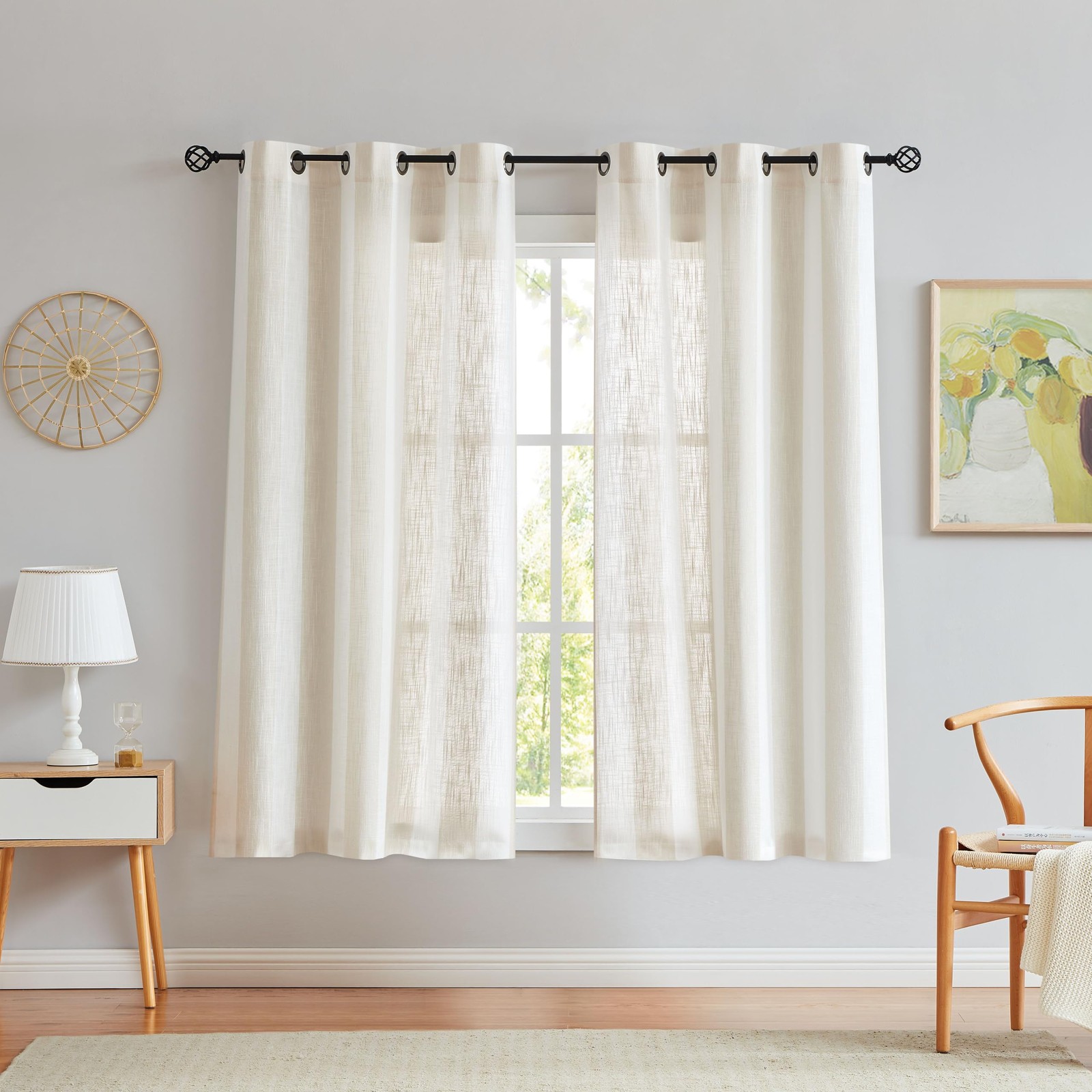 Beige White Stripe Farmhouse Curtains Semi-Sheer Rayon Blend Heavy Linen Text…
