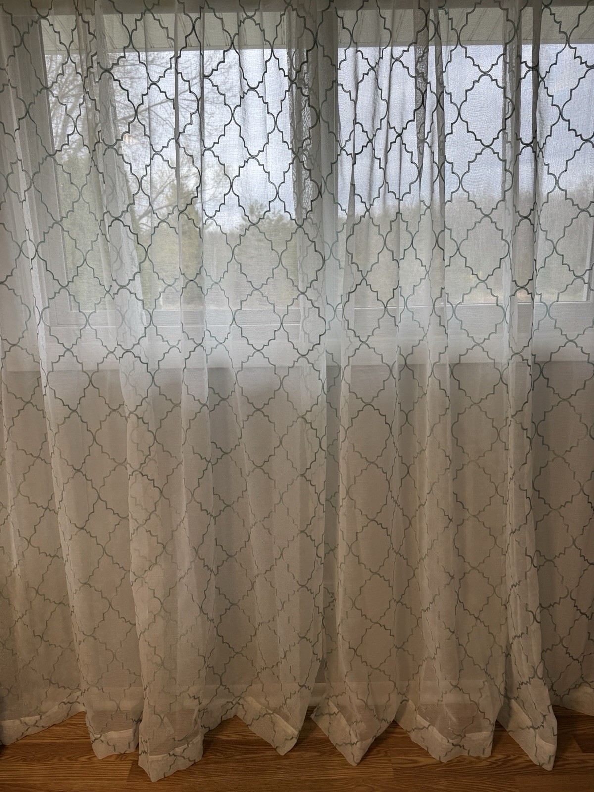 Sonoma 4 Sheer Window Curtain Panels Fret Embroidery White Green 84″ Long