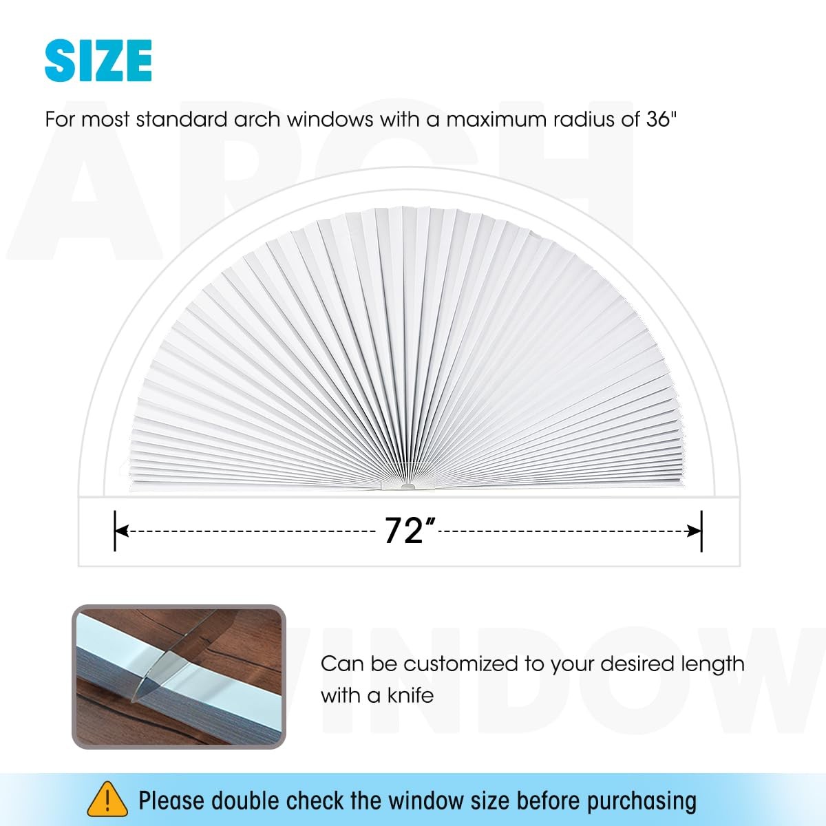 2 Pack Arch Window Light Filtering Pleated Shade Blinds 72×36 in White