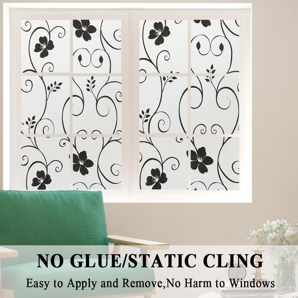 Decorative Window Film,Black Flower Static Cling Privacy Door Film, Non Adhes…
