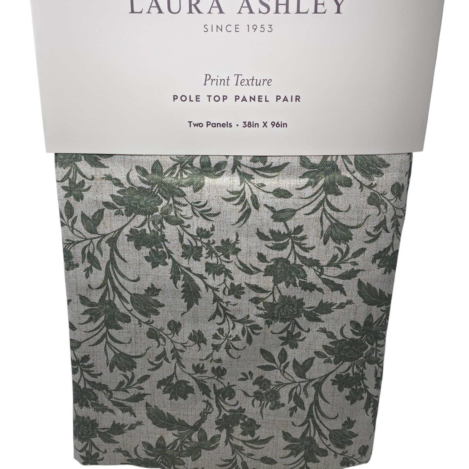 Laura Ashley Floral Print Texture Curtain Panels 38×96 Green Linen Blend Set 2