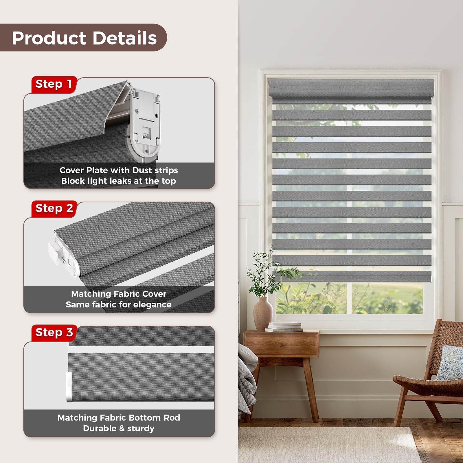 Allesin Zen No Drill No Tools Cordless Zebra Blinds Renter Friendly Dual Layer