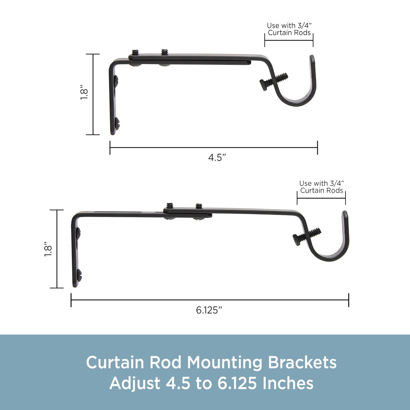 Adjustable Black Curtain Rod Brackets 2-Pack for Home Decor