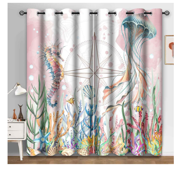 Ocean Seahorse Jellyfish Blackout Curtains Pink Fantasy Sea Theme 2Pc 42×84