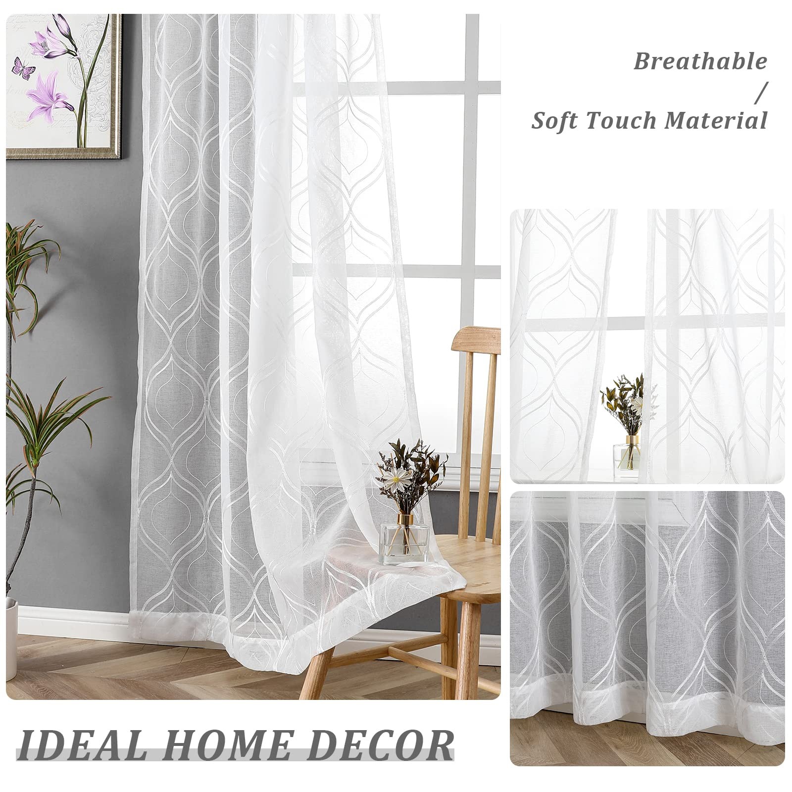 White Sheer Curtains 84 Inches Long 2 Panels, Light Filtering Moroccan Trelli…