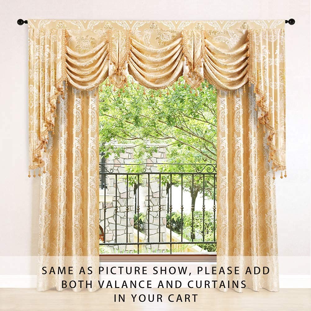 ELKCA Golden Jacquard Swag Waterfall Valance Luxury Curtain Valance for Living R