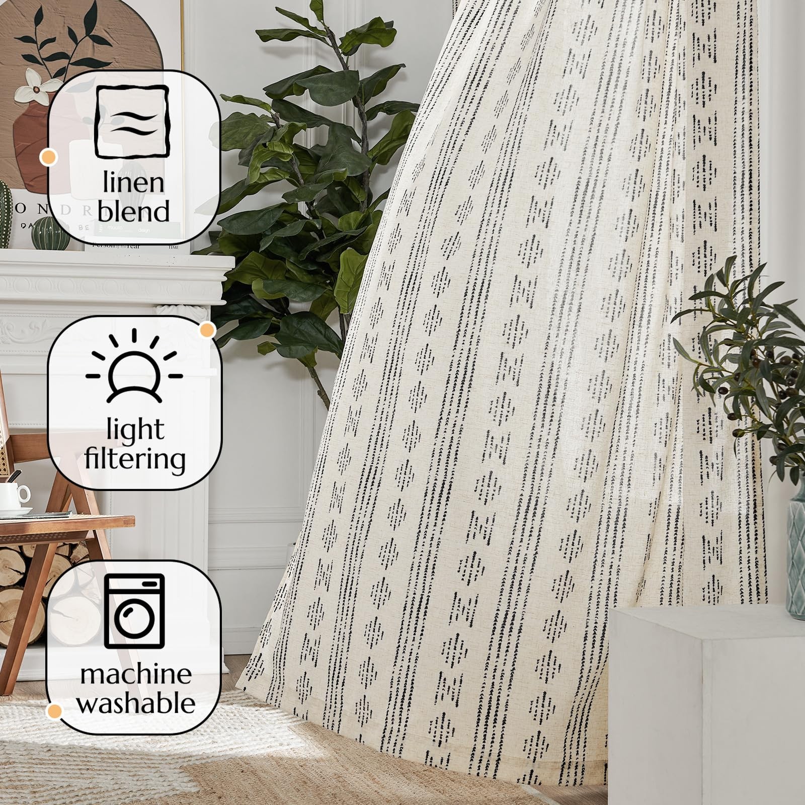 Jinchan Boho Curtains For Living Room Farmhouse Black Curtains 96 Inch Length 2