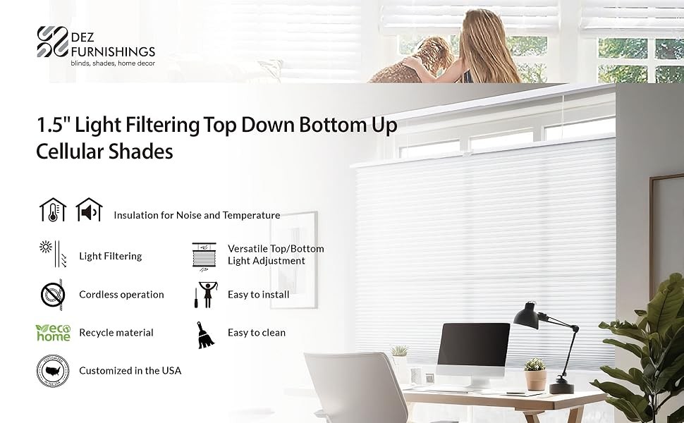 Cordless 1.5″ Light Filtering Down Bottom Up Cellular Shade, 45″ W x 48″ H,