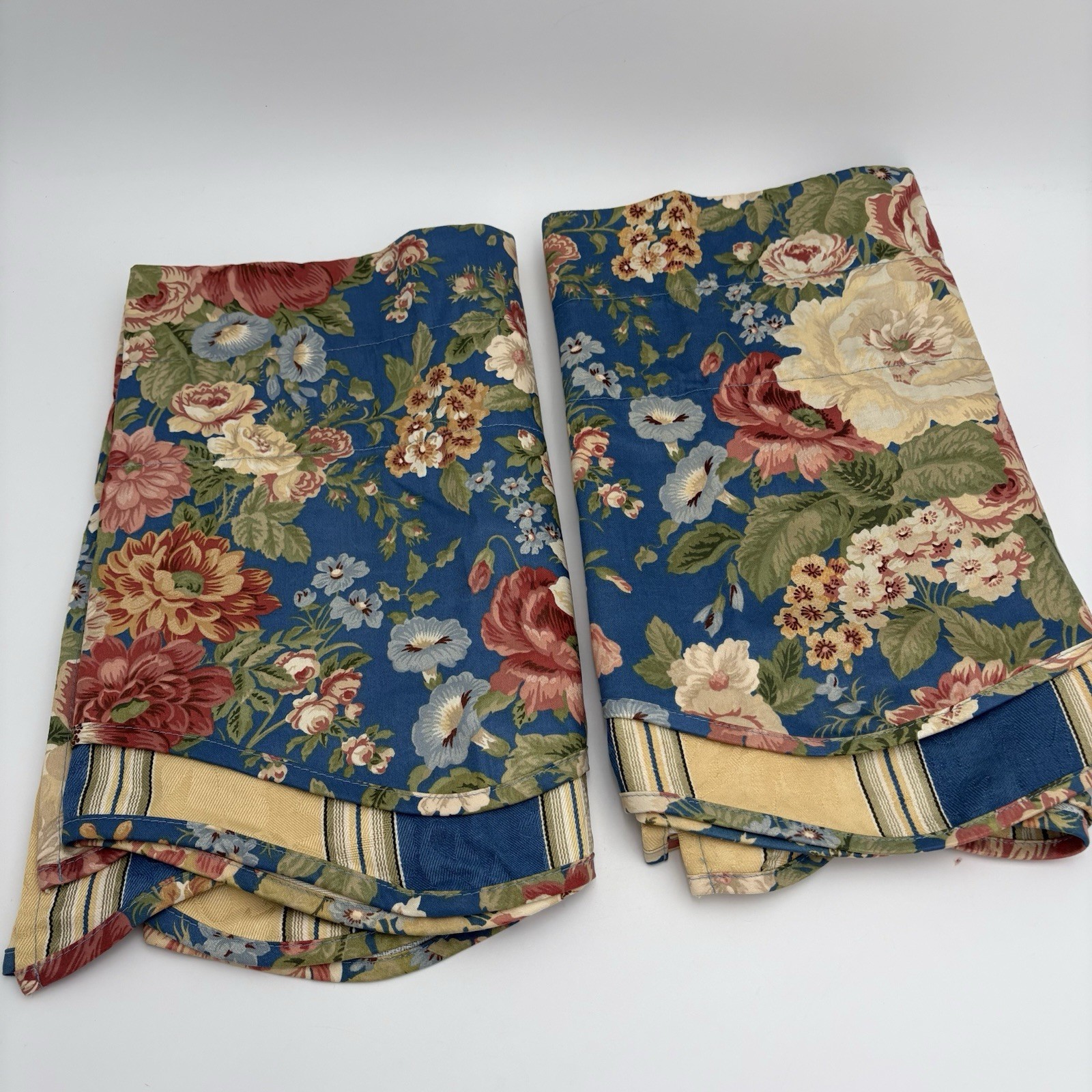 WAVERLY VILLA CARLOTTA Blue Floral Window Valance 2-Tier Stripes 76×15″ Set Of 2