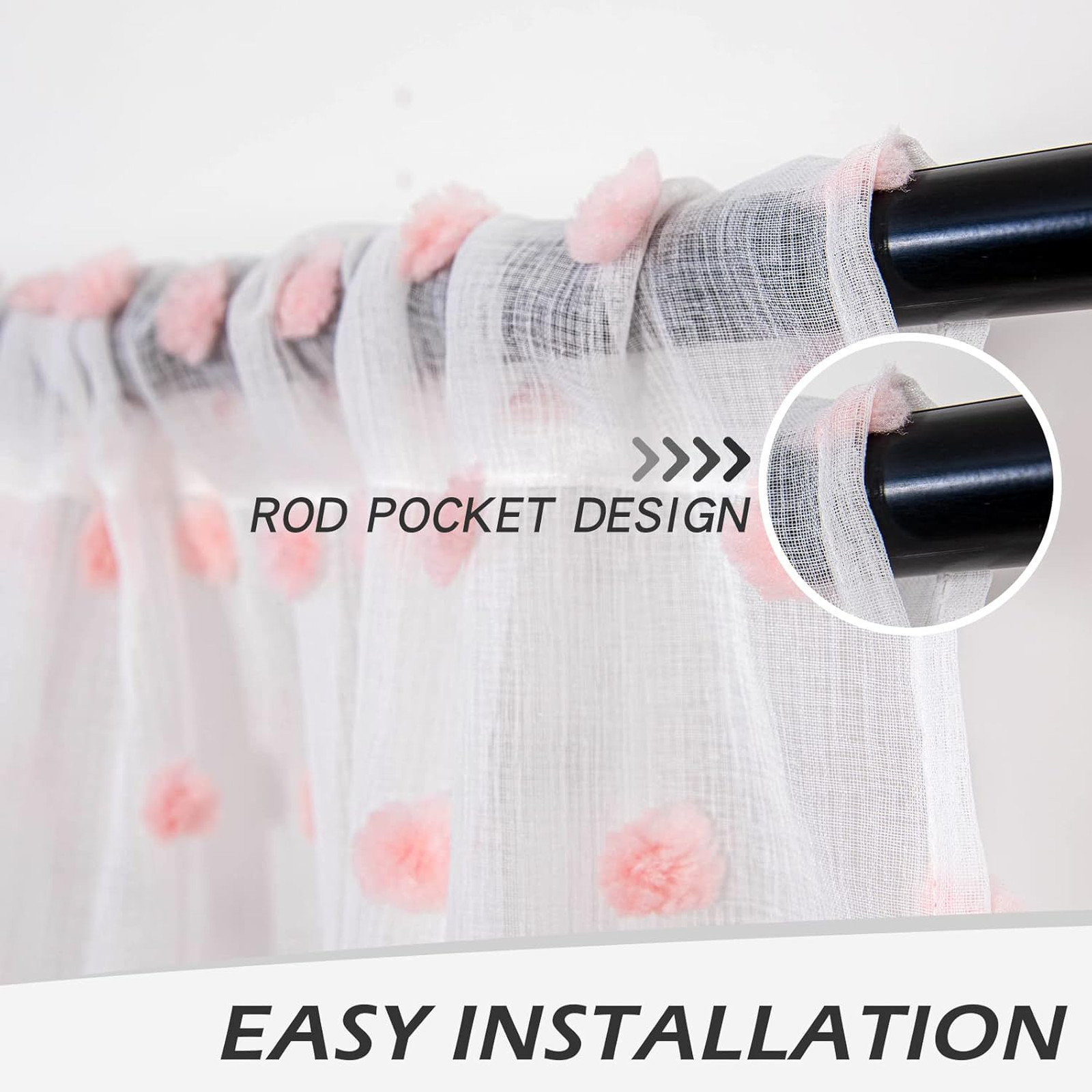 Pink Sheer Curtains for Bedroom 52 x 63 Inches Pom Pom Short White Drape for