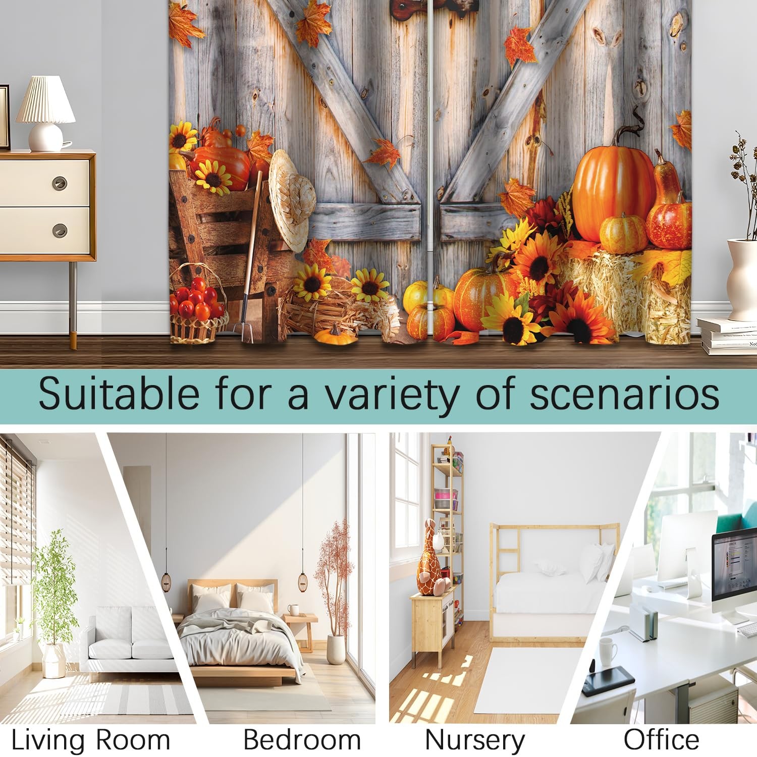 Fall Pumpkins Leaves Blackout Curtain, Rustic Wooden Barn Door Window Curtain…