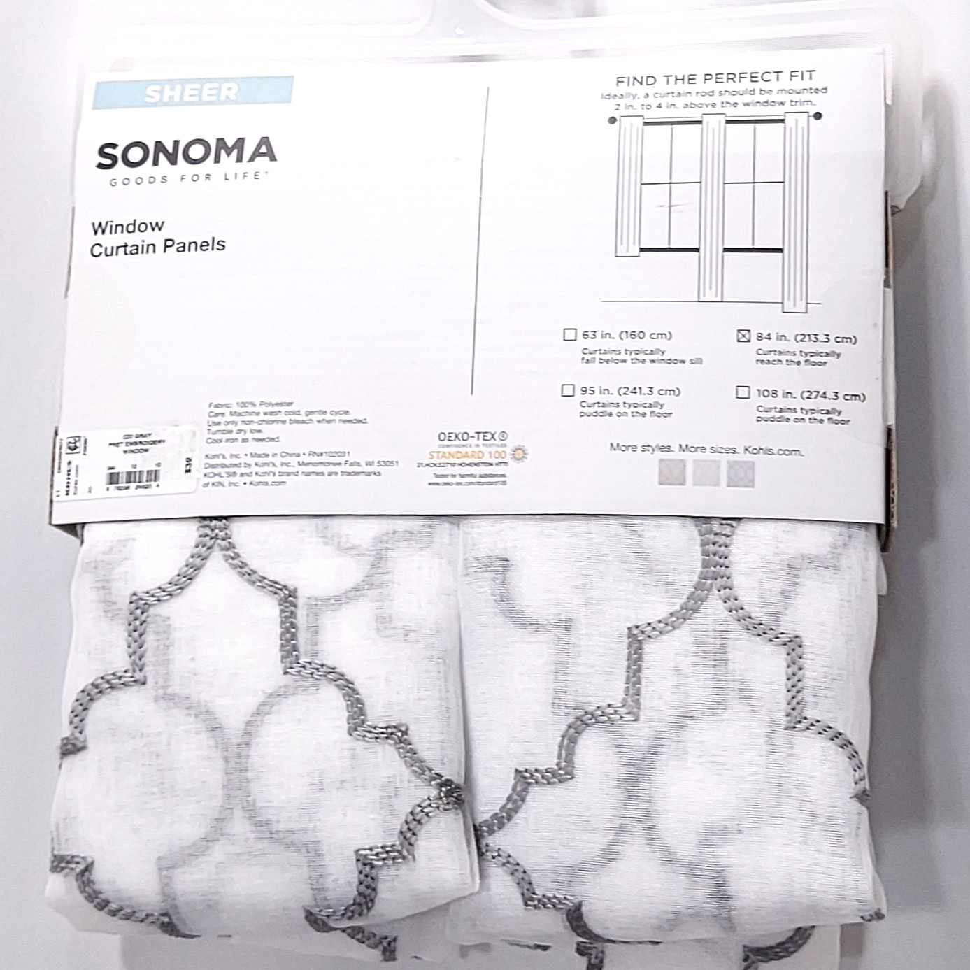 Sonoma 2 Sheer Window Curtain Panels Fret Embroidery Lattice White Grey 84″ Long