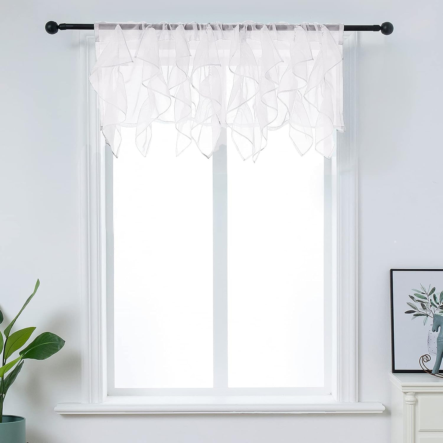 Ruffled Voile Semi Sheer Curtain Valance, Kitchen Living Room Shabby Chic Ruffle