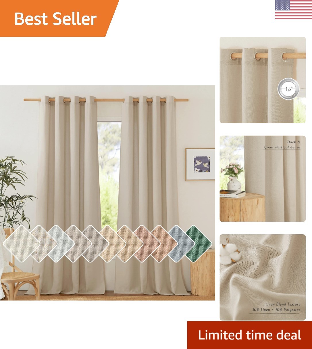 Chic Grommet Top Angora Linen Curtains – Vintage Style for Living Room, 2 Panels