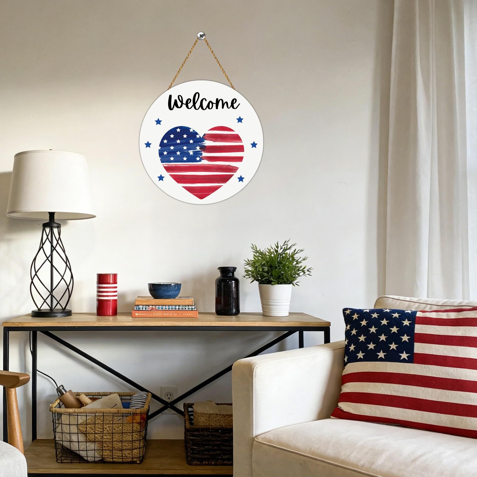 4th of July Decorations Patriotic Wreath American Flag Heart Welcome Sign Wooden