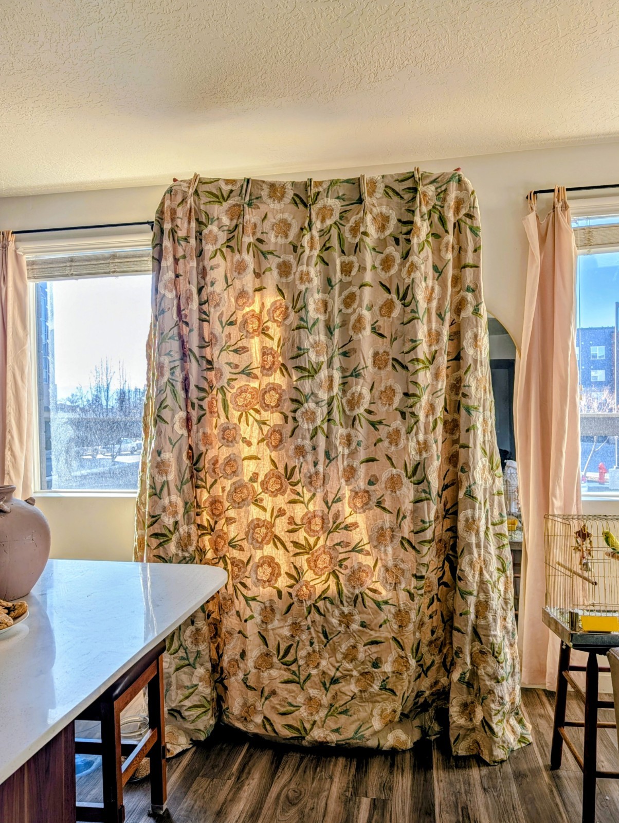Luxury Embroidered Linen Pleated Curtain Panel 99x108in Floral Cotton Lined