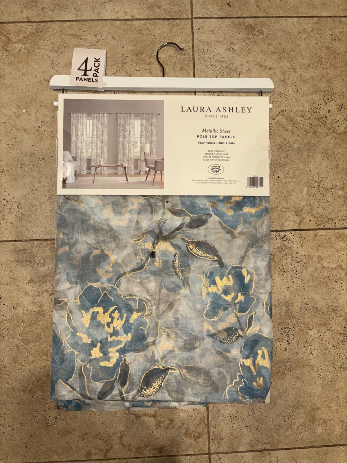 NWT LAURA ASHLEY BLUE AQUA FLORAL 4 METALLIC WINDOW PANEL PAIR CURTAINS 38” 84”