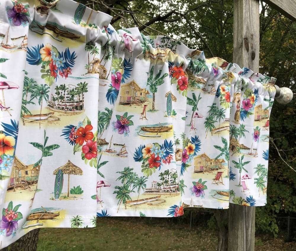 Tropical Island Valance Beach Palm Trees Hula Girl Window Curtain Topper