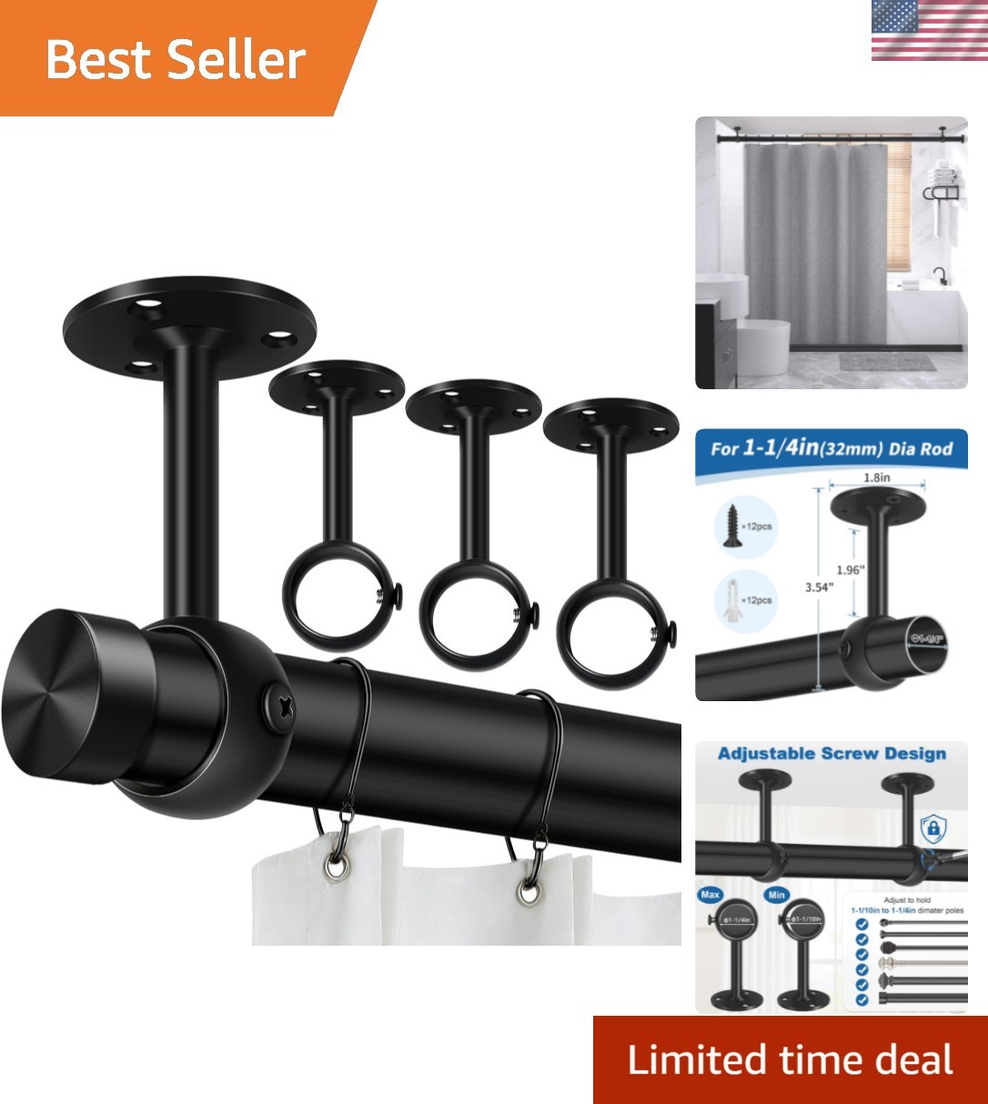 Curtain Rod Brackets, Ceiling Heavy Duty Holders, Black 4 Pack Hooks Hangers …