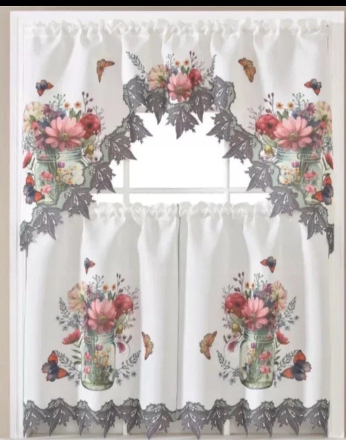 3pcs Kitchen Curtain Butterfly Flowers valance/ Tiers 60’x36’in FREE SHIPPING