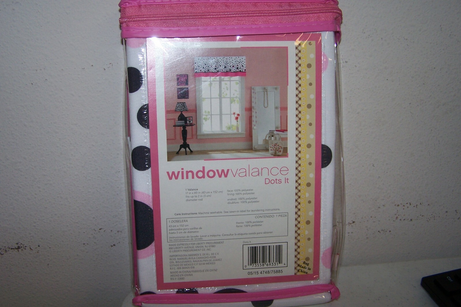 Liberty Procurement Window Valance Dots It 17″ x 60″ White Pink & Black Dots NEW