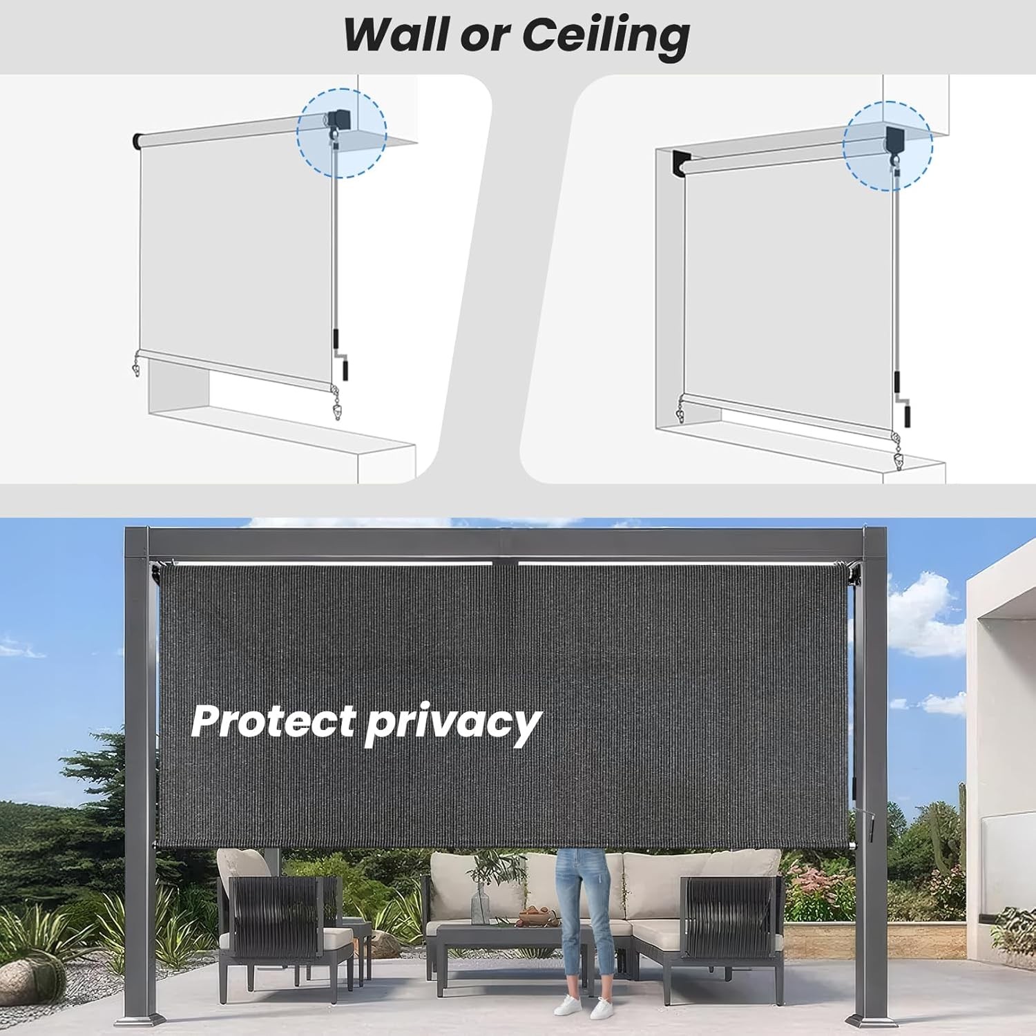 10’W x 8’H Gray Outdoor Roller Shade with Crank Wand Patio Shades Roll up,