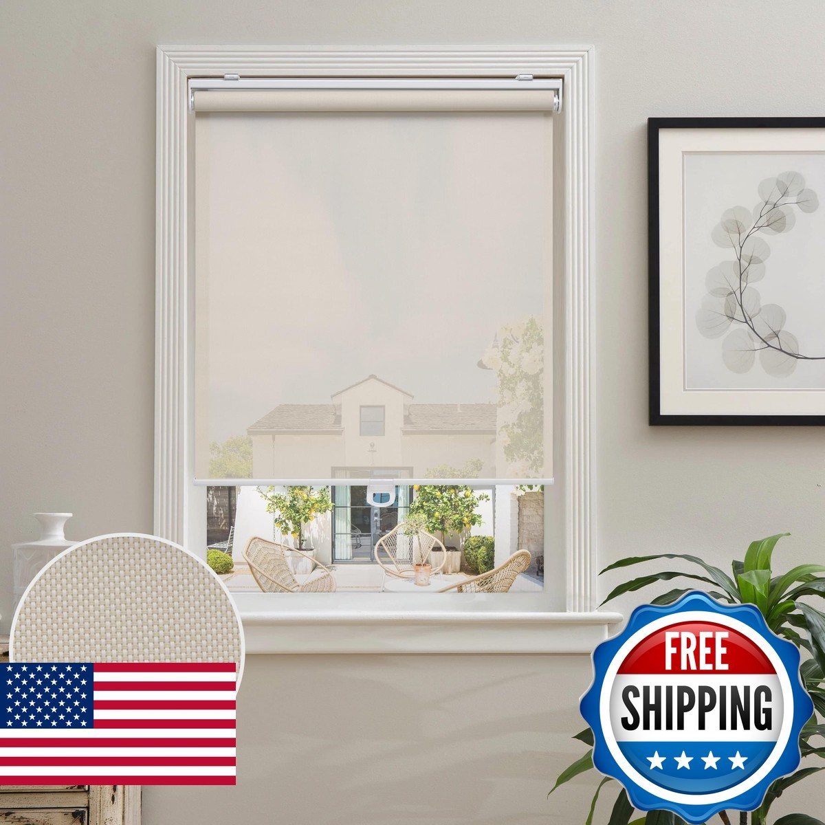 AOSKY Cordless Roller Shades 41″ W x 72″ H Beige Light Filtering 5% Openness