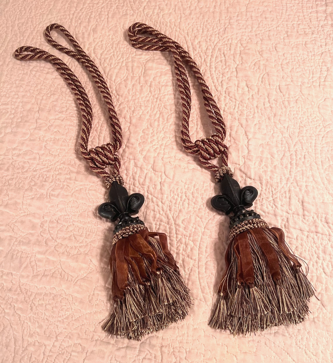 Fleur de Lis Ceramic Embellished Cord Tassel Brown 2pc Drapery Tieback Set