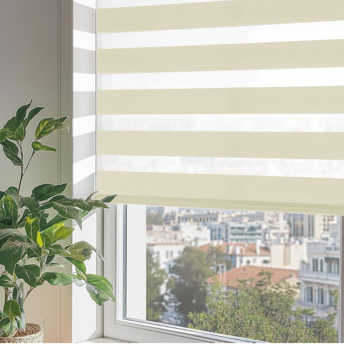 ChrisDowa Cordless Zebra Blinds 45W x 72H Beige Dual Layer Roller Window Shades