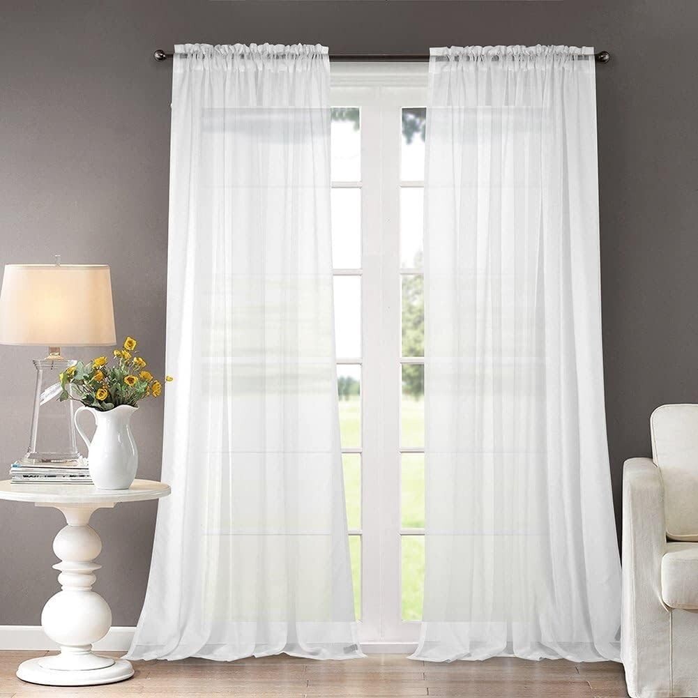 DREAM CASA Solid Sheer Curtains Draperies White 2 Panels 100″ W x 84″ L